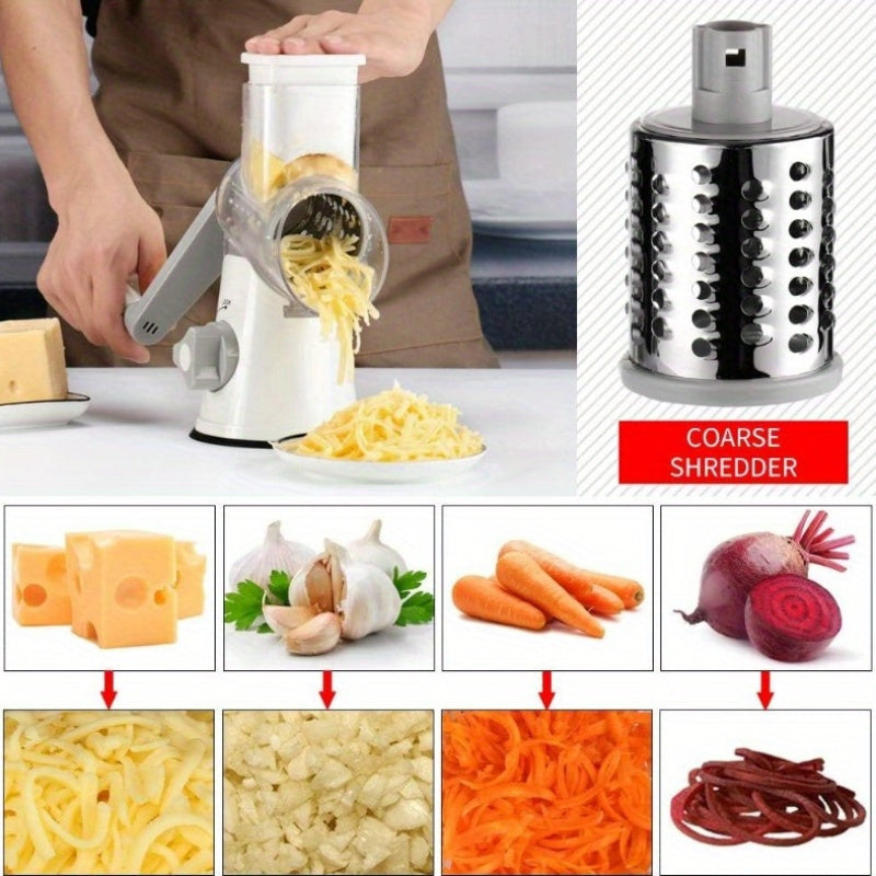 3-in-1 Rotary Cheese Grater – Hand Crank Shredder for Cheese, Veggies & Nuts w/ Suction Base