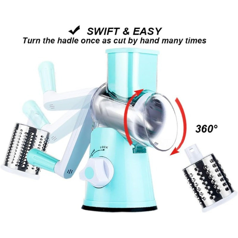 3-in-1 Rotary Cheese Grater – Hand Crank Shredder for Cheese, Veggies & Nuts w/ Suction Base