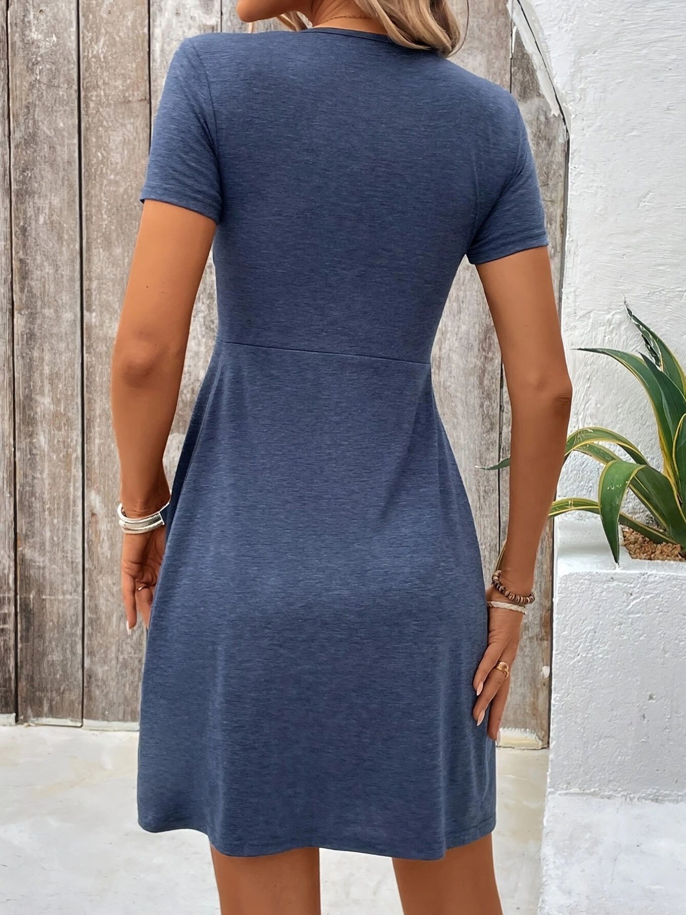 Sleeveless V-Neck Dress with Twist Knot & Ruched Waist – Vibrant Style - Blue / S - Womans Dress - Homeward Trends