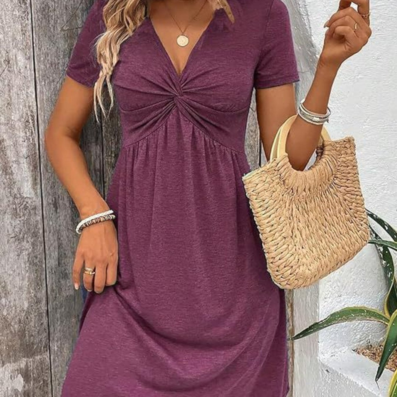 Sleeveless V-Neck Dress with Twist Knot & Ruched Waist – Vibrant Style - Fuchsia / S - Womans Dress - Homeward Trends