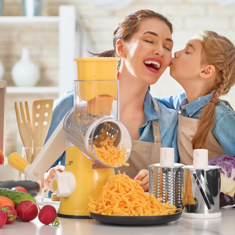 3-in-1 Rotary Cheese Grater – Hand Crank Shredder for Cheese, Veggies & Nuts w/ Suction Base