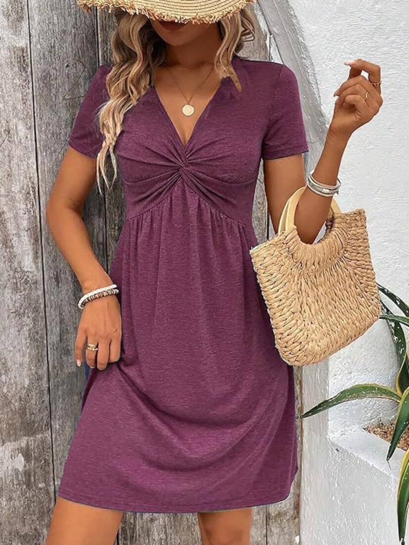 Sleeveless V-Neck Dress with Twist Knot & Ruched Waist – Vibrant Style - Blue / S - Womans Dress - Homeward Trends