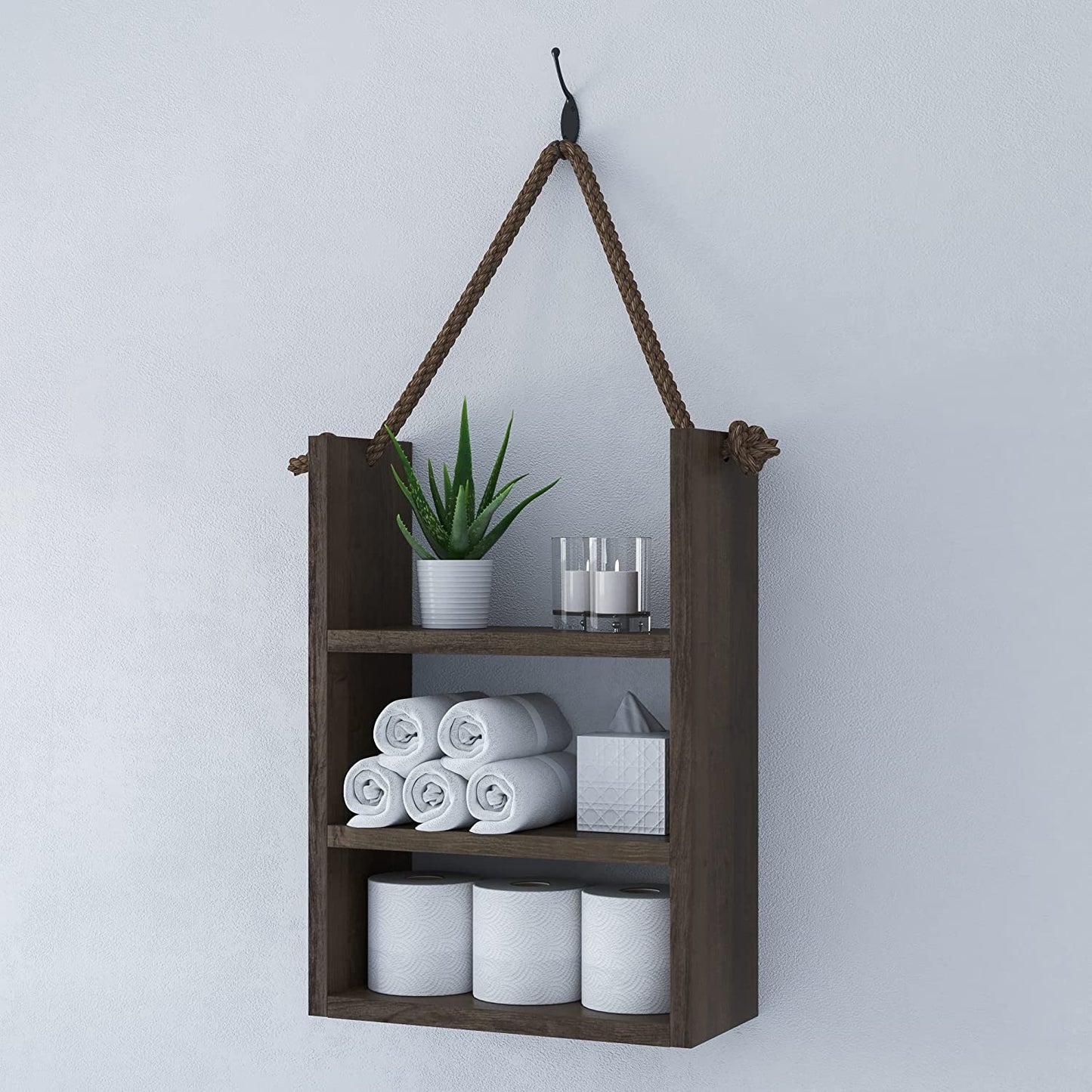 Rustic Wood Bathroom Shelf Over Toilet - Wall Mounted Ladder Style with Rope, Farmhouse Décor (Large) - Large - Homeward Trends