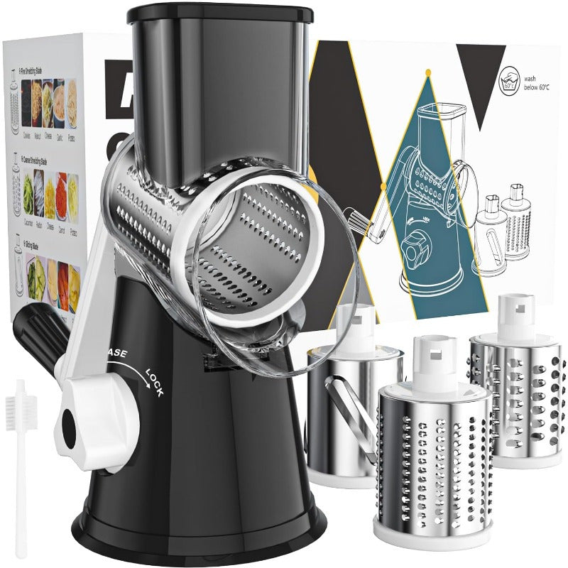 3-in-1 Rotary Cheese Grater – Hand Crank Shredder for Cheese, Veggies & Nuts w/ Suction Base