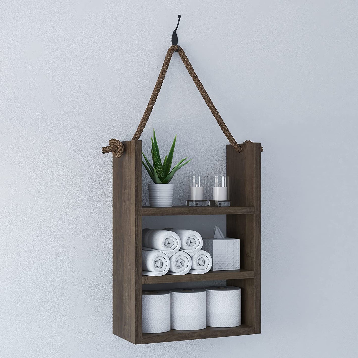 Rustic Wood Bathroom Shelf Over Toilet - Wall Mounted Ladder Style with Rope, Farmhouse Décor (Large) - Large - Homeward Trends