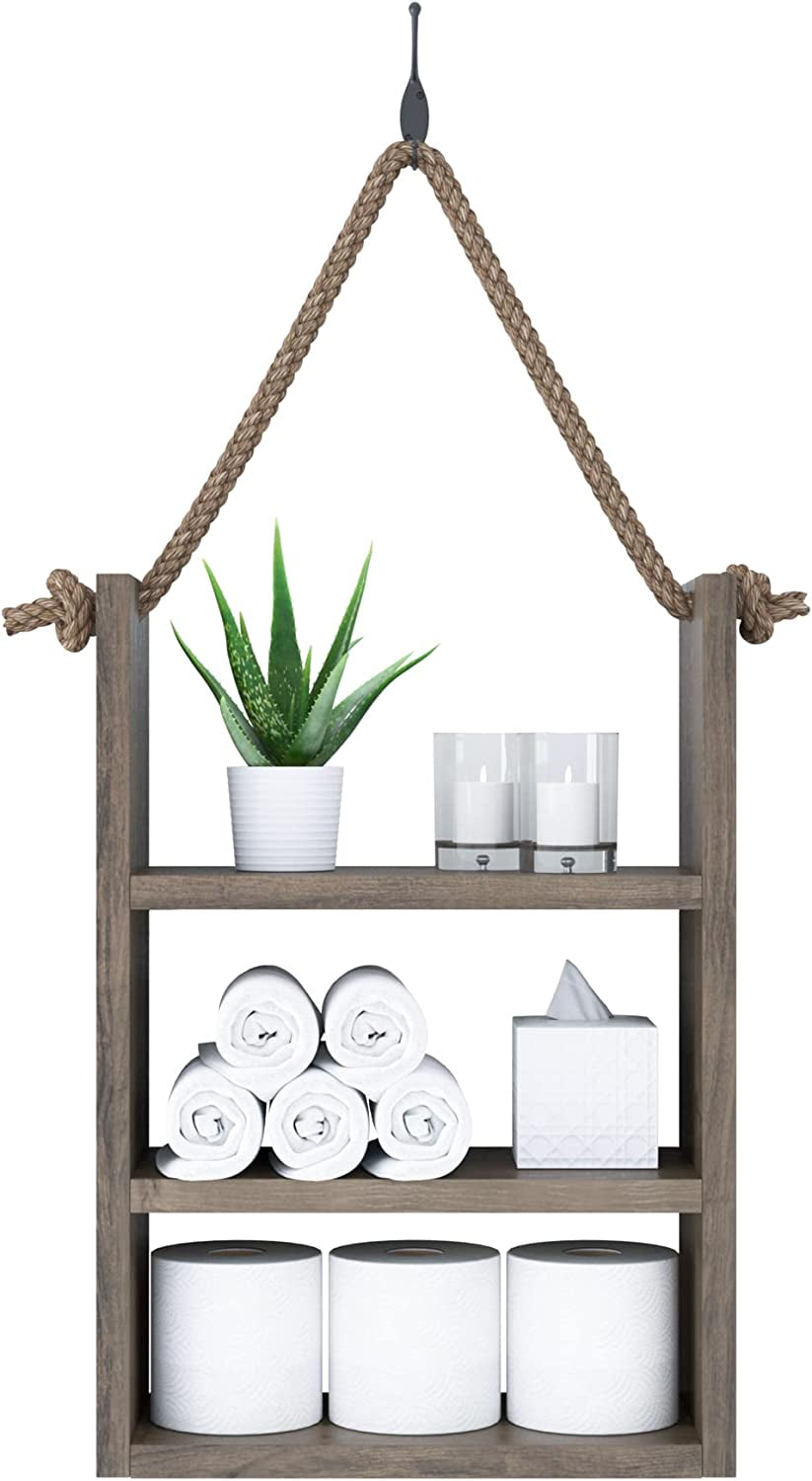Rustic Wood Bathroom Shelf Over Toilet - Wall Mounted Ladder Style with Rope, Farmhouse Décor (Large) - Large - Homeward Trends