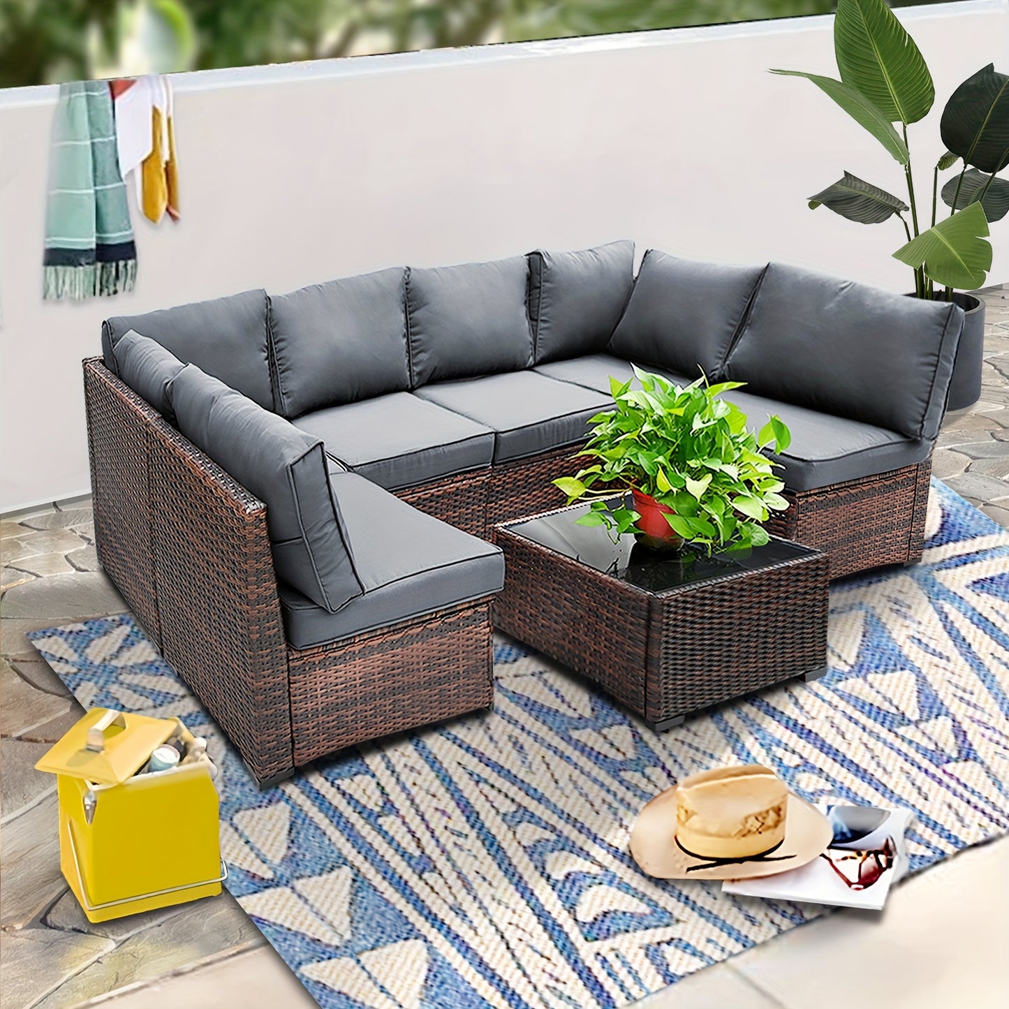 Waterproof Wicker Patio Sofa Set – Brown Outdoor Sectional with Cushions & Coffee Table for Garden & Deck