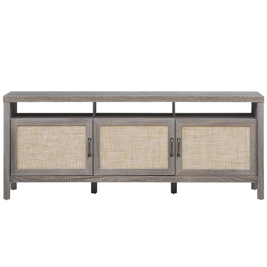 Universal TV Stand Cabinet Television Media Console with 3 Rattan Doors Grey - Homeward Trends