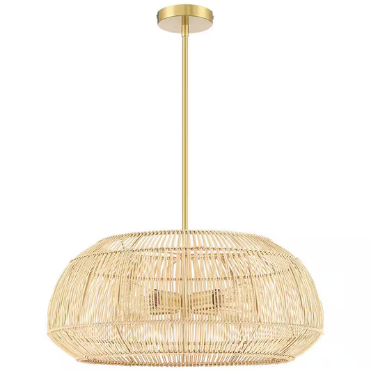 22 In. 4-Bulb Rattan Pendant Chandelier with Brass Canopy