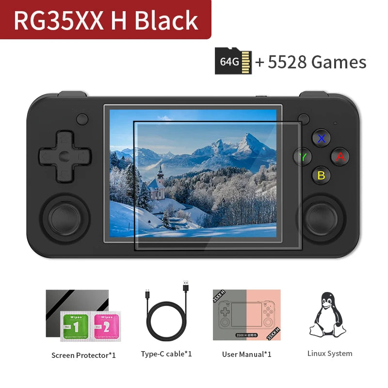 RG35XX Handheld Retro Game Console 3.5" IPS Screen, 64GB, 5528 Games, 3300mAh Battery