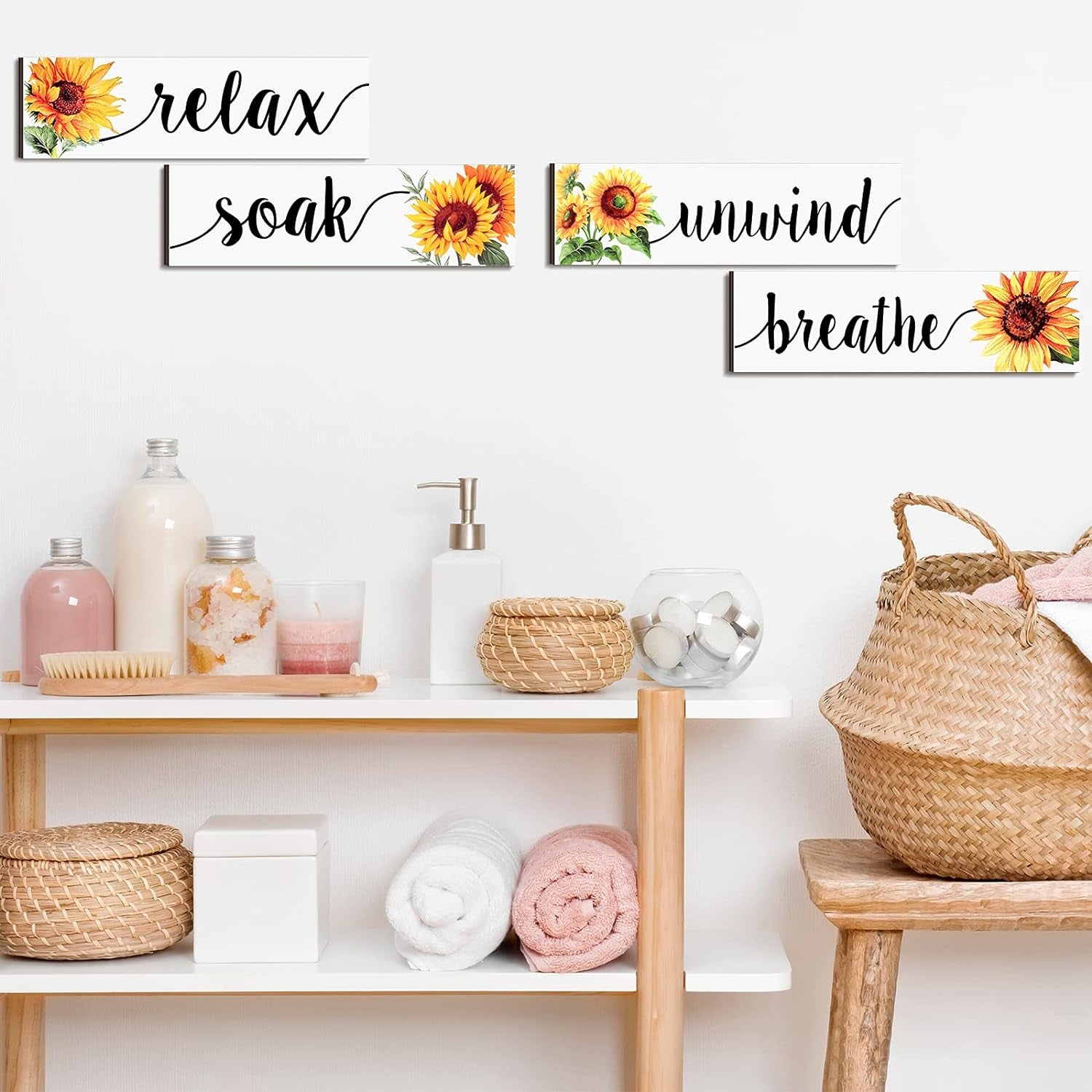 4-Piece Rustic Sunflower Bathroom & Kitchen Wall Decor - Farmhouse Wooden Signs, White - Homeward Trends