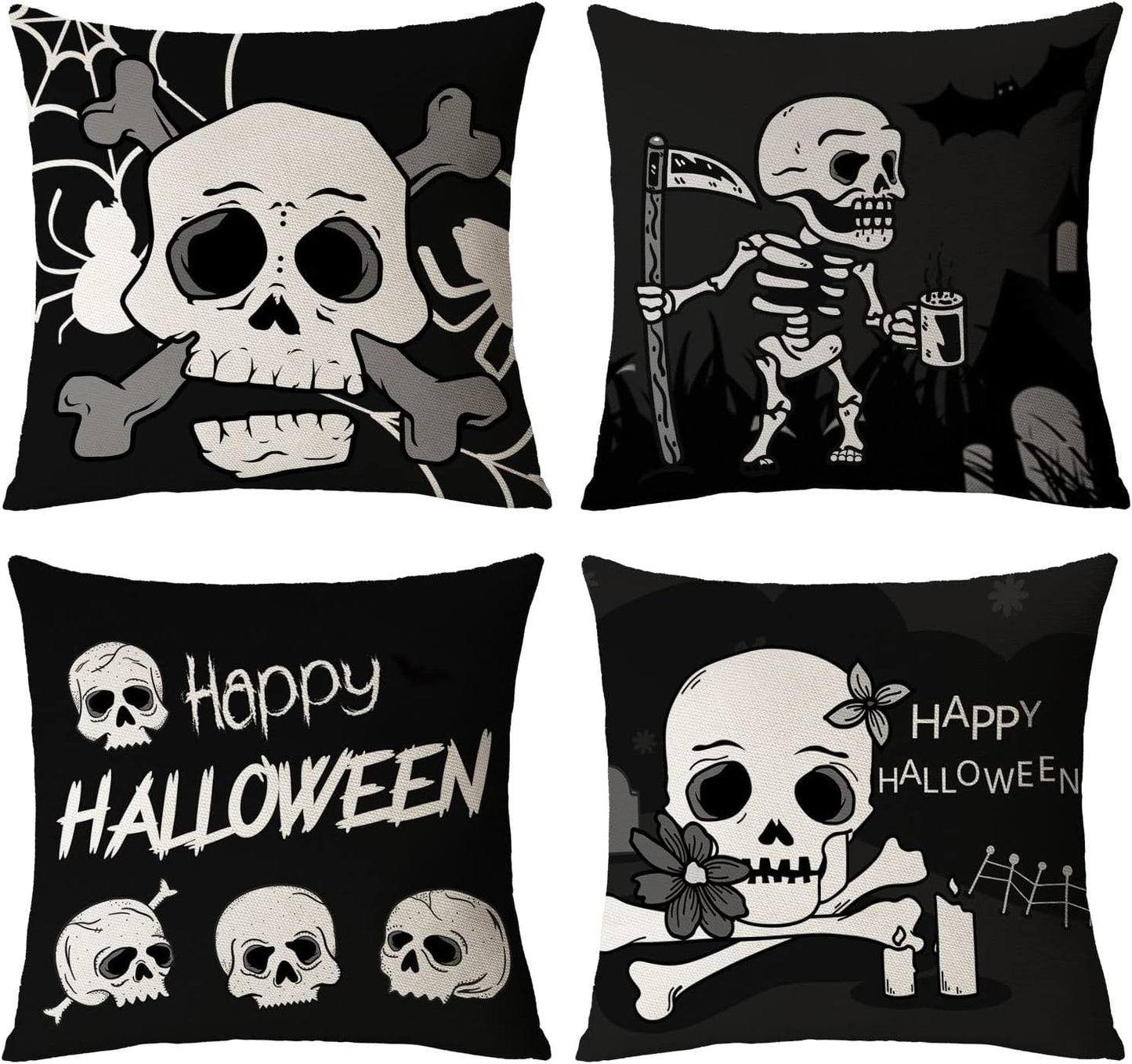 Halloween Pillow Covers 16X16 Set of 4 Black Halloween Decorative Throw Pillows Skeleton Ghost Pillow Cases Home Outdoor Sofa Couch Cushion Covers for Halloween Decorations (16 by 16)