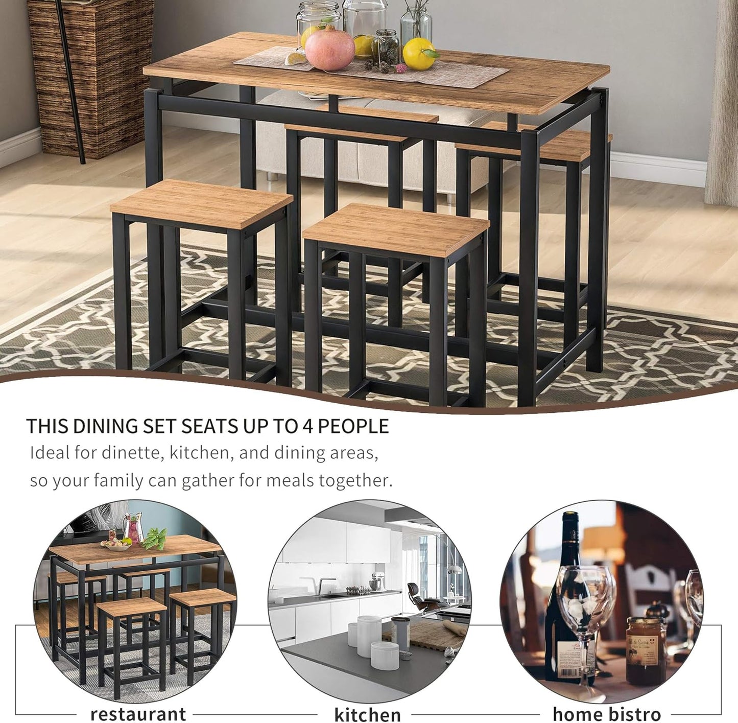 Dining Table Set, 5 Piece Counter Height Pub Table with 4 Chairs for the Bar, Breakfast Nook, Kitchen Room, Dining Room and Living Room (Brown) - Homeward Trends