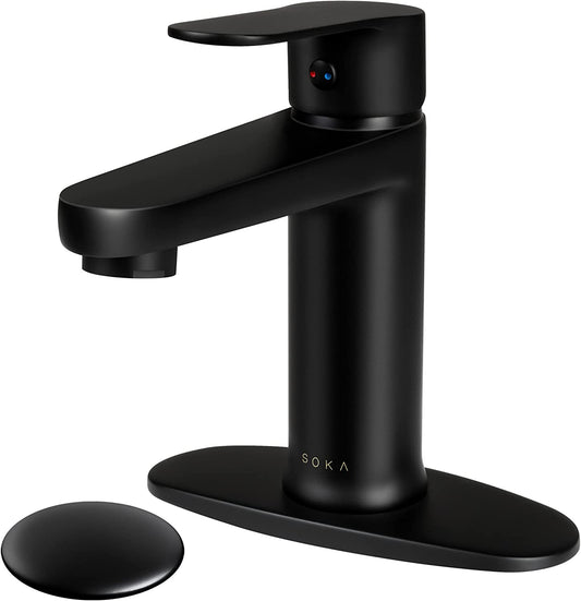 Matte Black Brass Bathroom Faucet – Single Handle with Pop-Up Drain, Deck Plate, 1 or 3-Hole