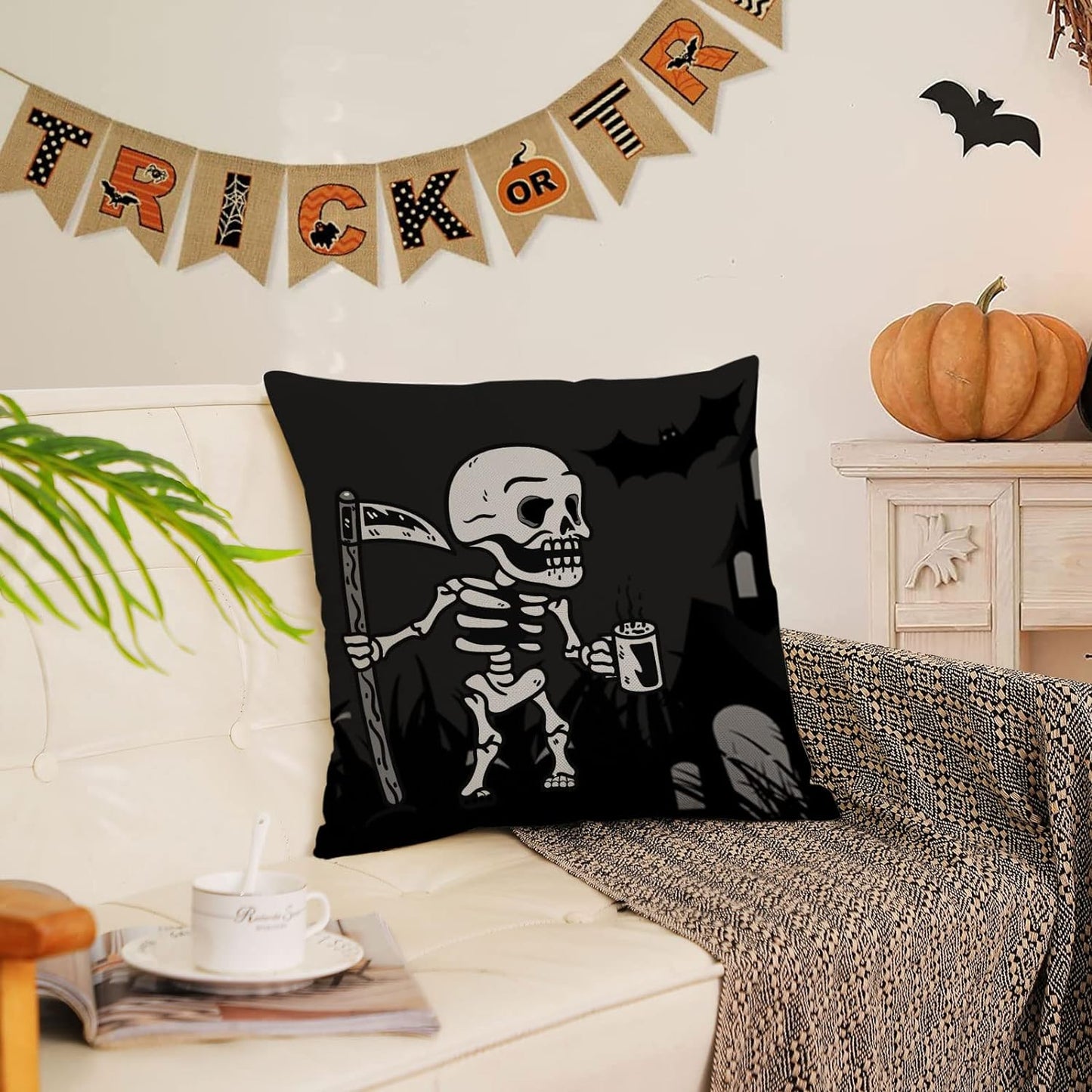 Halloween Pillow Covers 16X16 Set of 4 Black Halloween Decorative Throw Pillows Skeleton Ghost Pillow Cases Home Outdoor Sofa Couch Cushion Covers for Halloween Decorations (16 by 16)