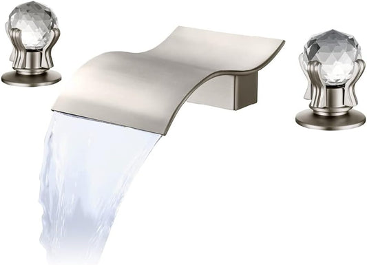 Brushed Nickel Waterfall Bathroom Faucet – 8-Inch Widespread, 3-Hole, Crystal Knob, Solid Brass