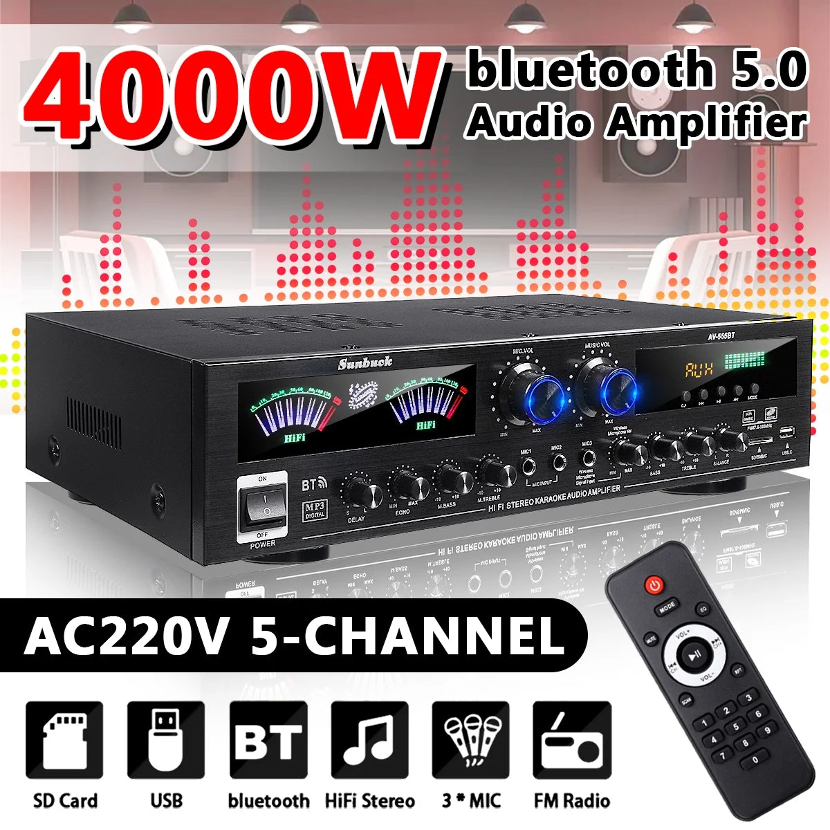 4000W Surround Sound Bluetooth Audio Power Amplifiers Receiver for Home Stereo Theater System