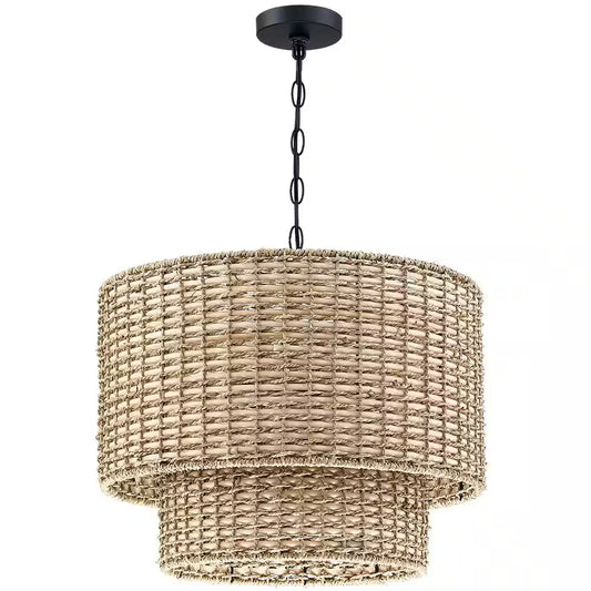 Seymour 20 In. 4-Bulb, Black Canopy, Natural Rattan Tiered Drum Pendant Chandelier Light