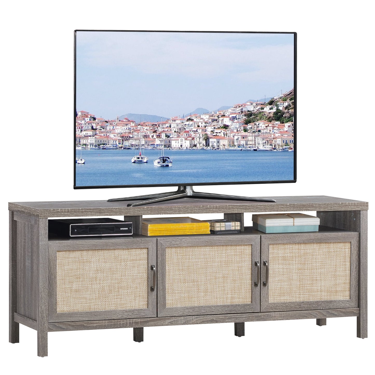 Universal TV Stand Cabinet Television Media Console with 3 Rattan Doors Grey - Homeward Trends