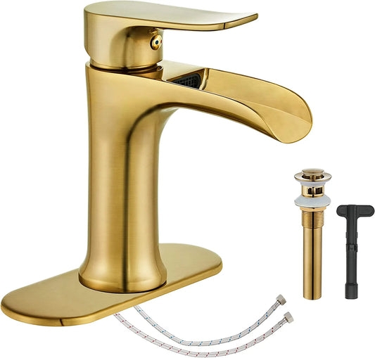 Brushed Gold Waterfall Bathroom Faucet - Single Handle with Pop-Up Drain, Farmhouse Vanity Sink