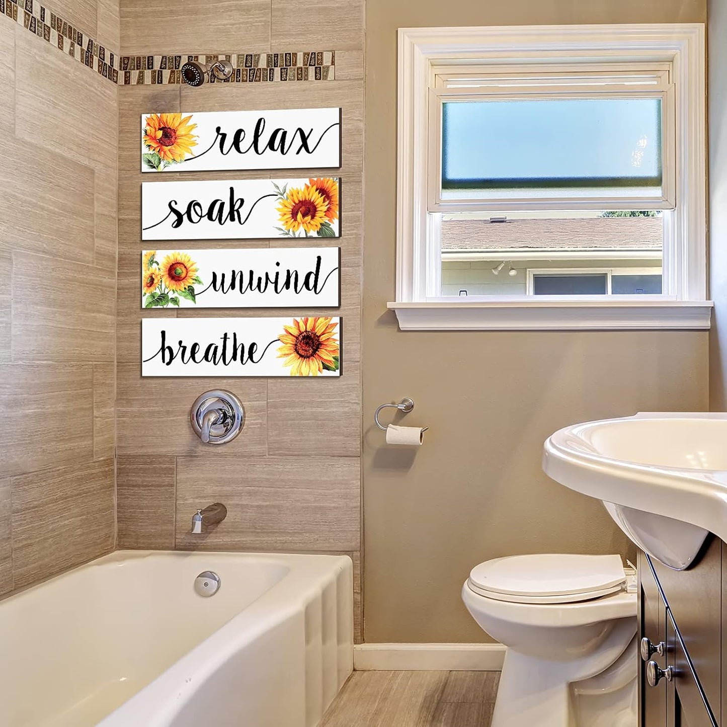 4-Piece Rustic Sunflower Bathroom & Kitchen Wall Decor - Farmhouse Wooden Signs, White - Homeward Trends