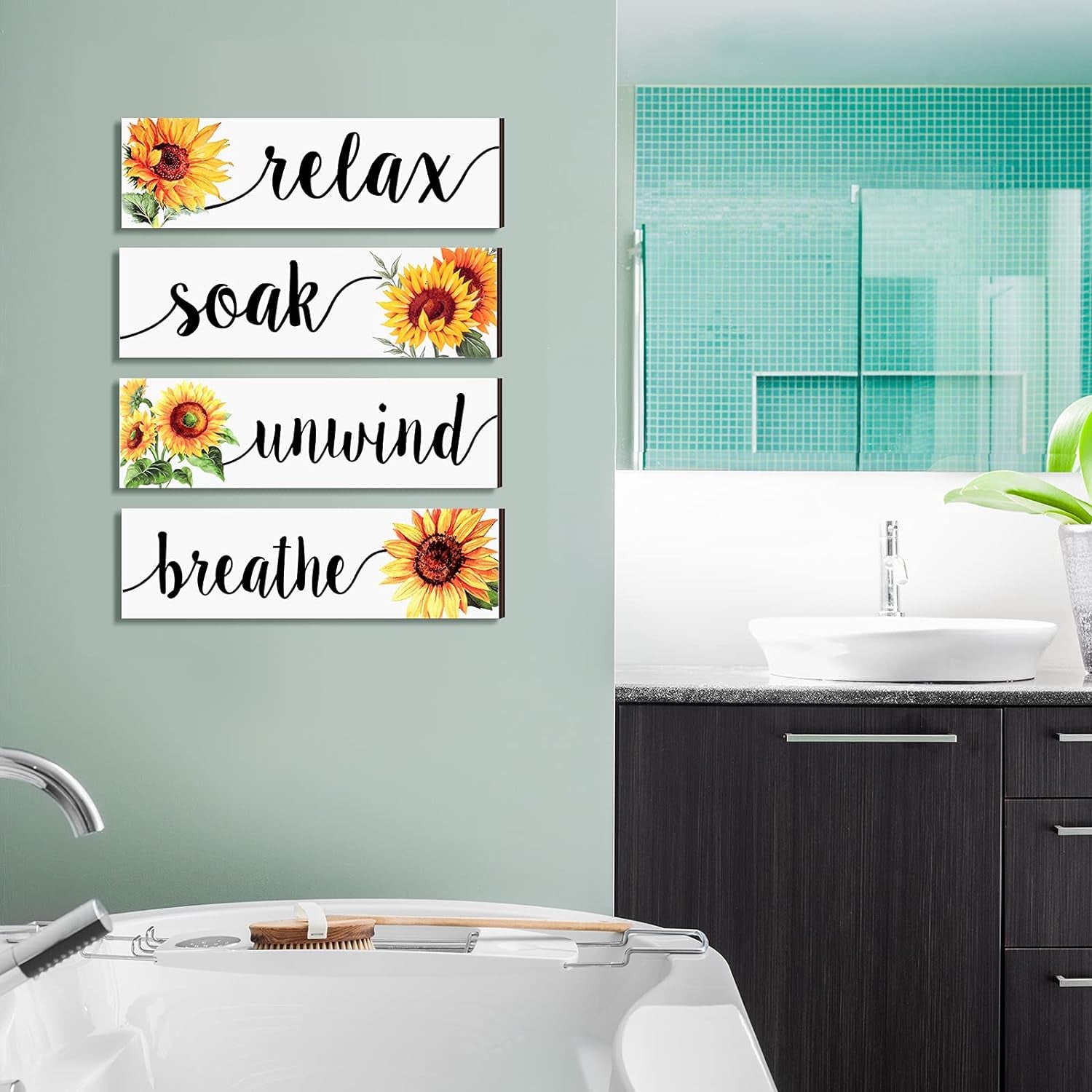 4-Piece Rustic Sunflower Bathroom & Kitchen Wall Decor - Farmhouse Wooden Signs, White - Homeward Trends