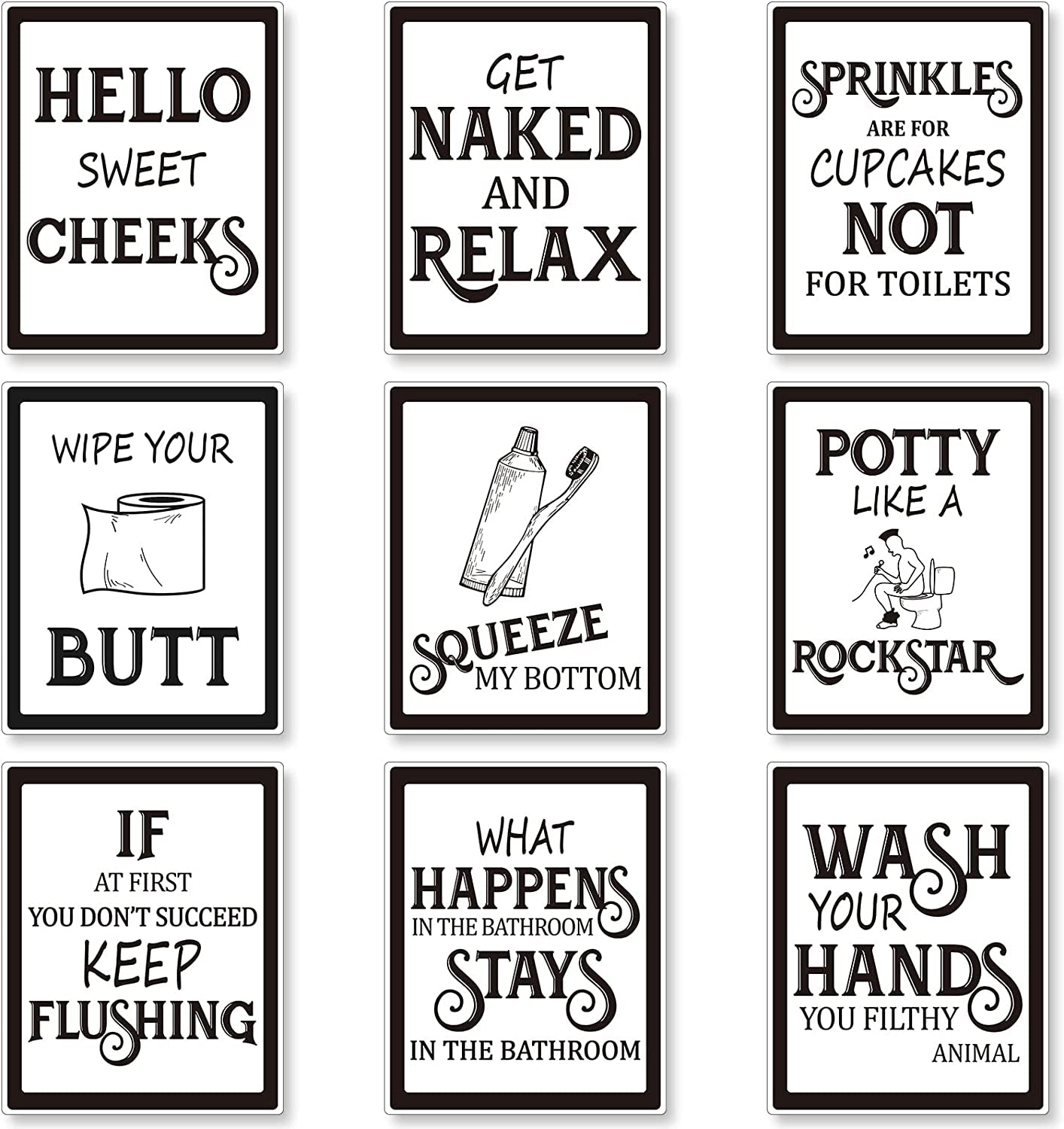 9 Pieces Bathroom Wall Decor, Funny Vintage Bathroom Sign Bathroom Quotes Sayings Art Prints Bathroom Posters for Wall Restroom Bathroom Decor Pictures, Unframed (Black Font)