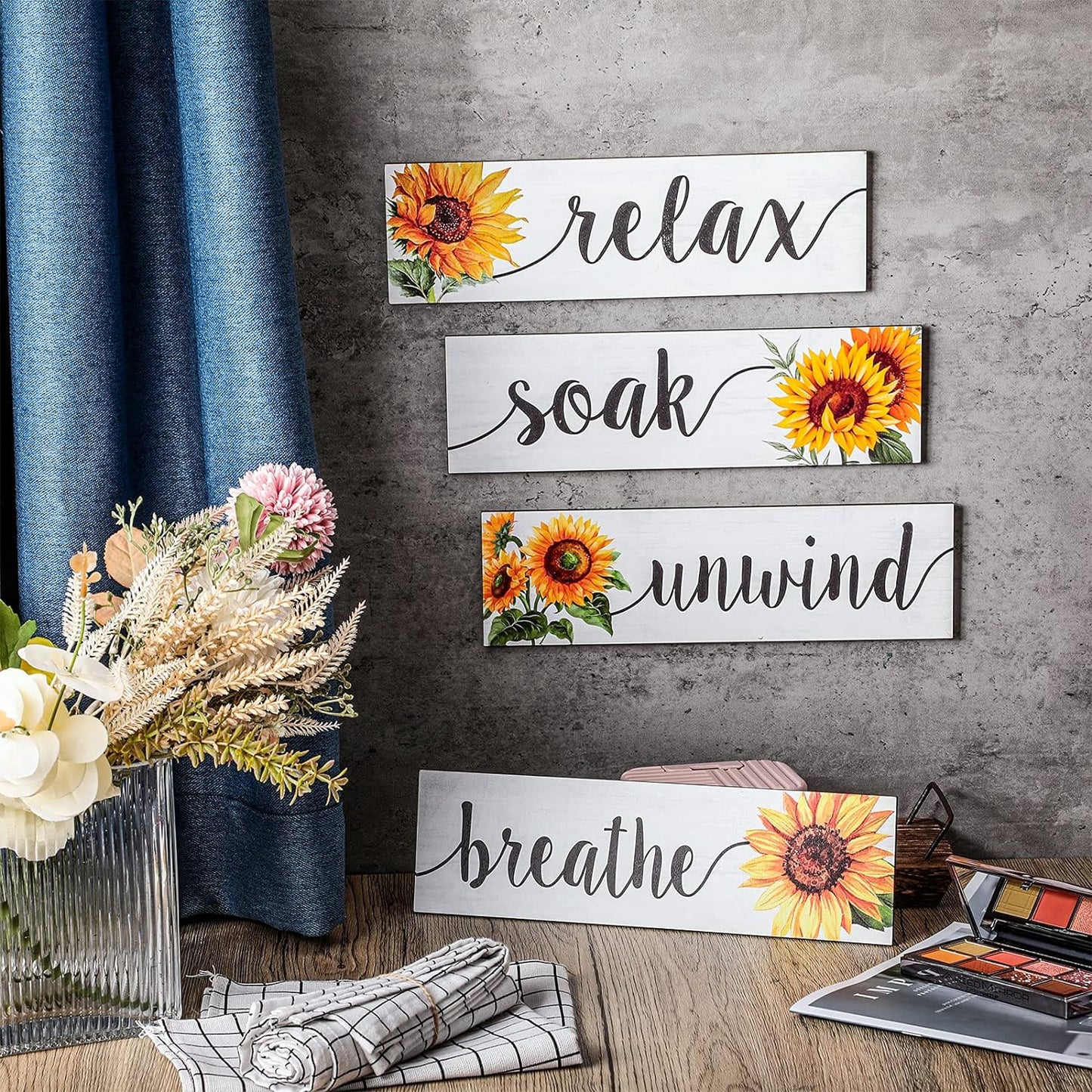 4-Piece Rustic Sunflower Bathroom & Kitchen Wall Decor - Farmhouse Wooden Signs, White - Homeward Trends