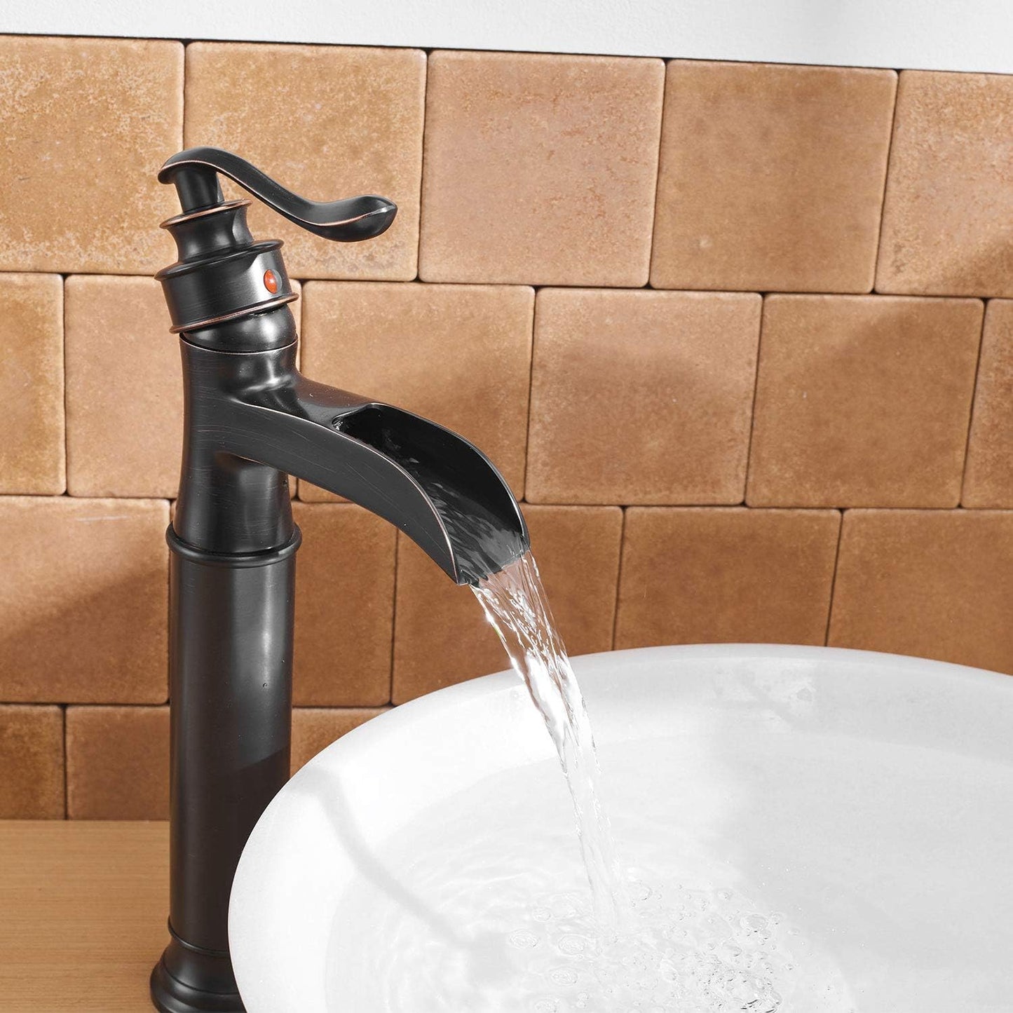 Oil Rubbed Bronze Waterfall Spout Bathroom Vessel Sink Faucet – Single Handle, Tall Deck Mount