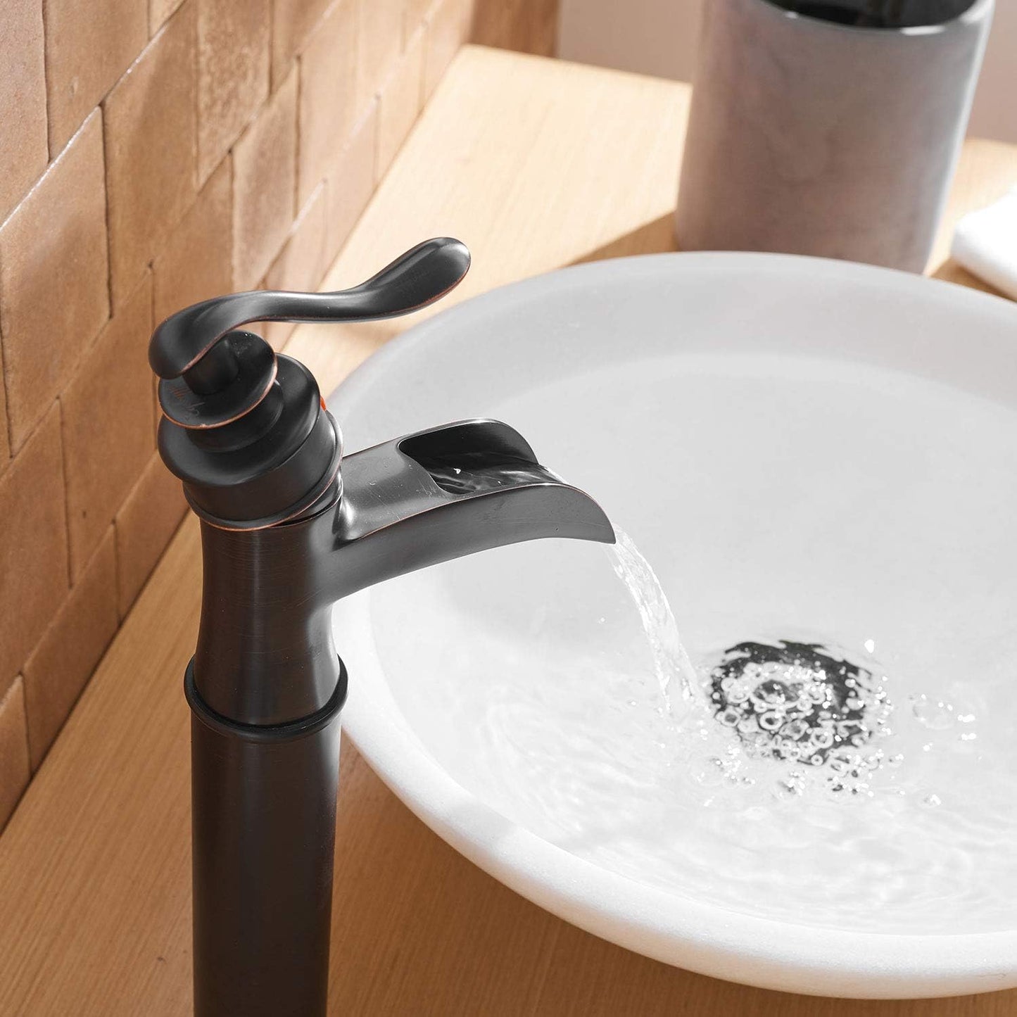 Oil Rubbed Bronze Waterfall Spout Bathroom Vessel Sink Faucet – Single Handle, Tall Deck Mount