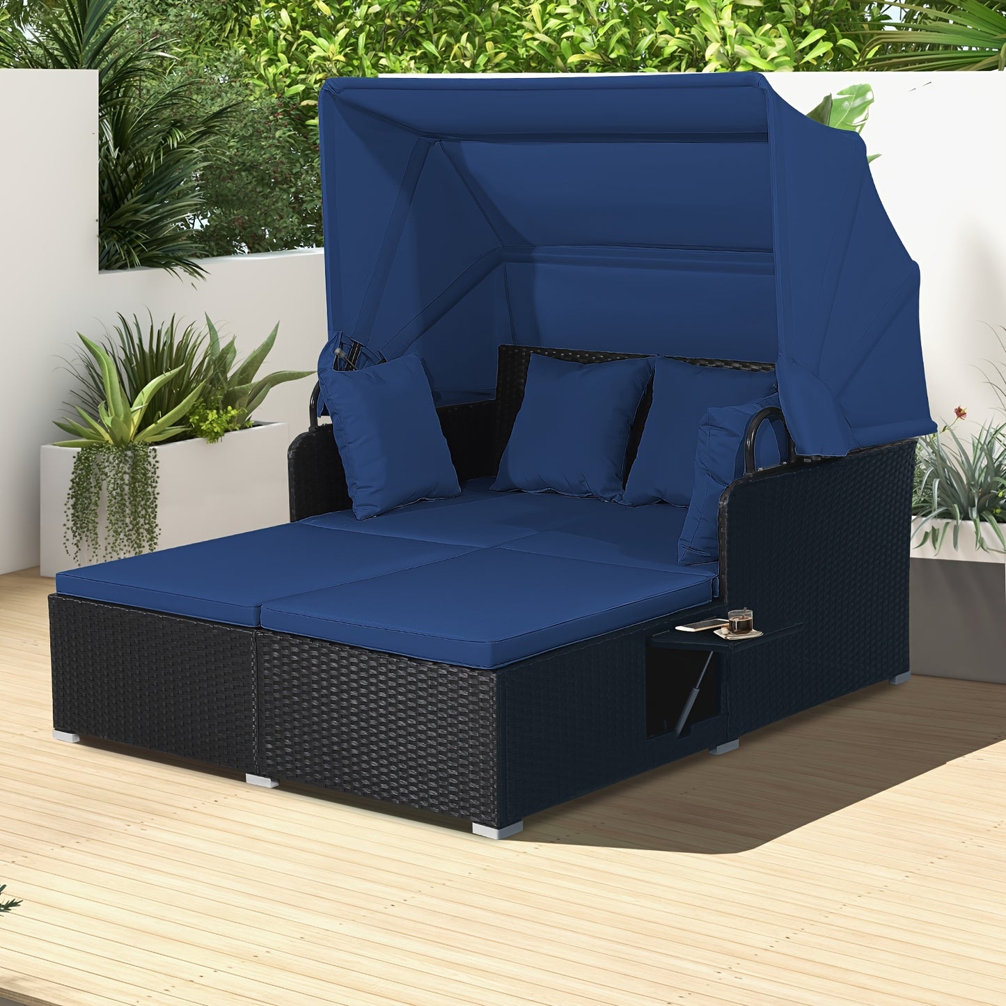 Contemporary Patio Daybed – PE Rattan Lounge with Retractable Canopy, Cushions & Side Tables