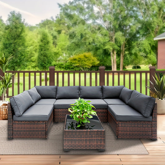 Waterproof Wicker Patio Sofa Set – Brown Outdoor Sectional with Cushions & Coffee Table for Garden & Deck