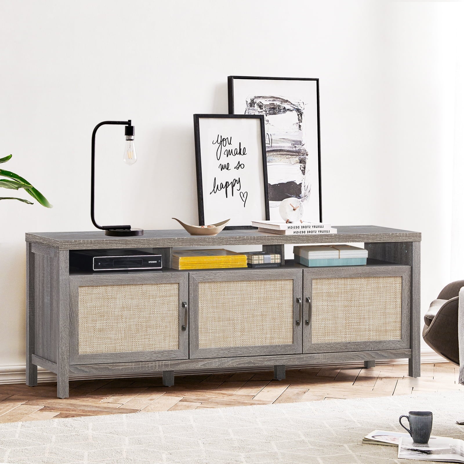 Universal TV Stand Cabinet Television Media Console with 3 Rattan Doors Grey - Homeward Trends