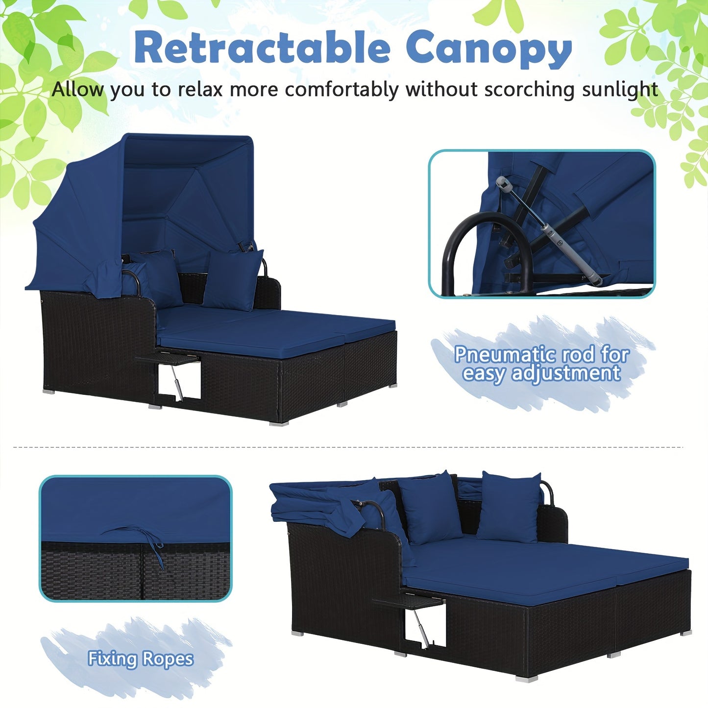 Contemporary Patio Daybed – PE Rattan Lounge with Retractable Canopy, Cushions & Side Tables