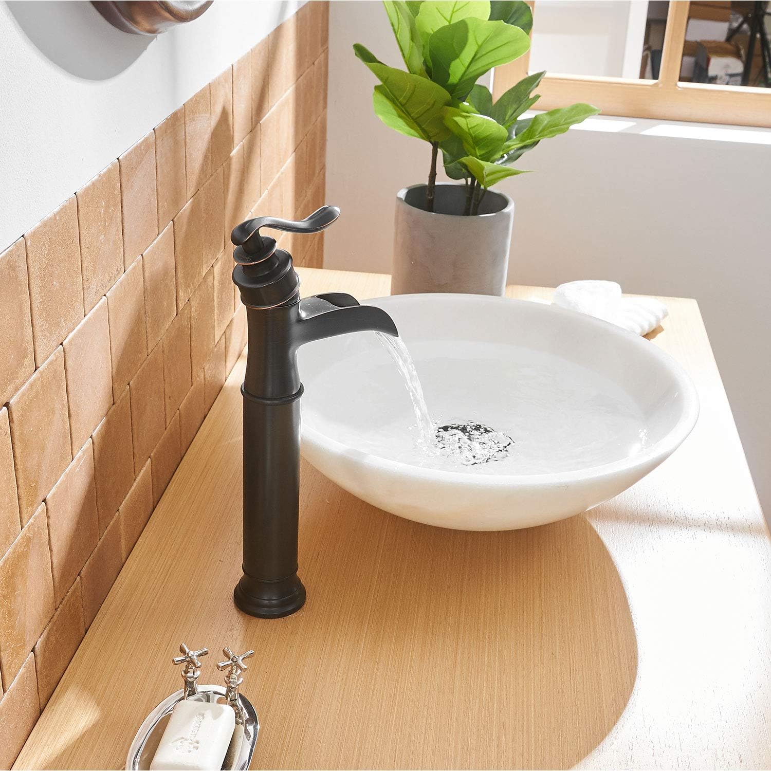 Oil Rubbed Bronze Waterfall Spout Bathroom Vessel Sink Faucet – Single Handle, Tall Deck Mount