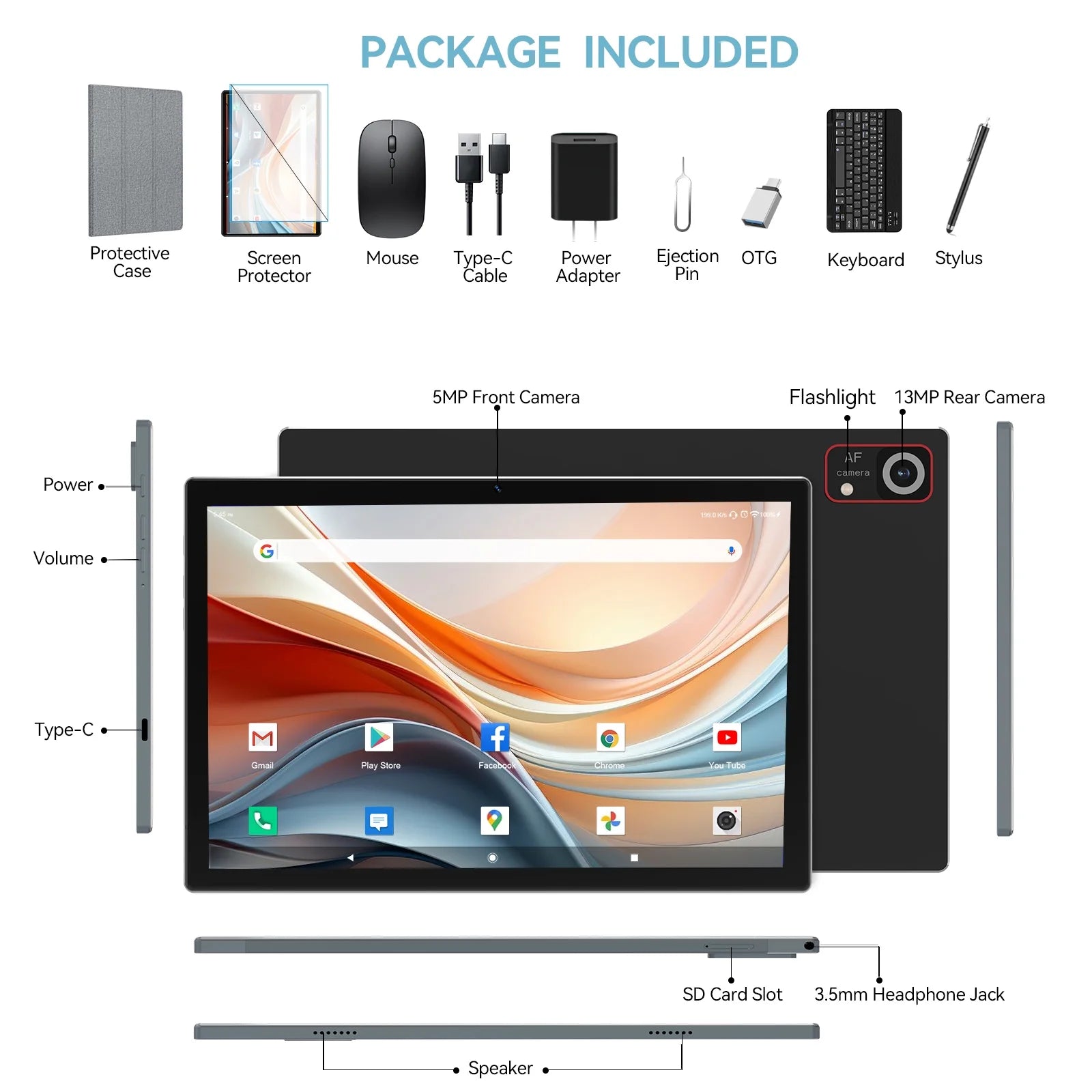 10” Android 14 Tablet, 128GB+8GB, 1TB Expand, 5G WiFi, Octa-Core, 13MP Camera, Keyboard, HD Display