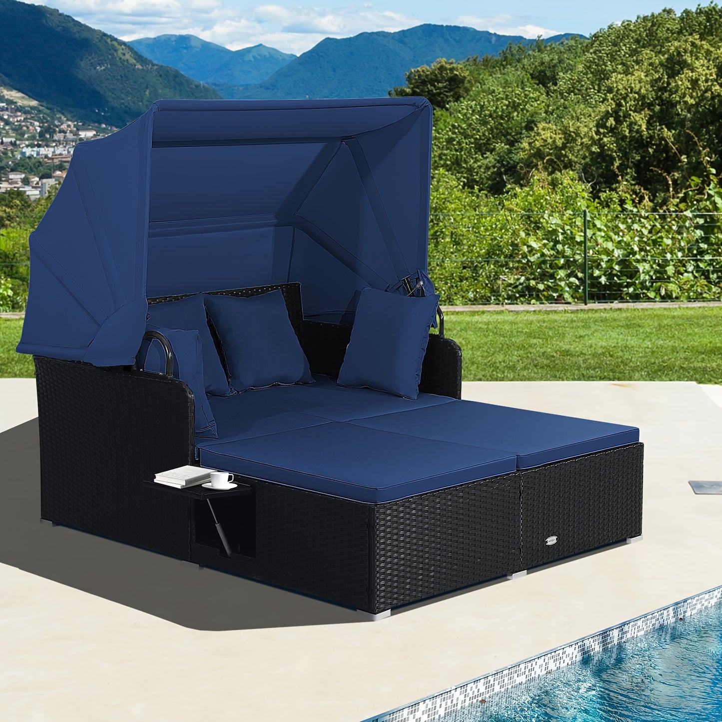 Contemporary Patio Daybed – PE Rattan Lounge with Retractable Canopy, Cushions & Side Tables