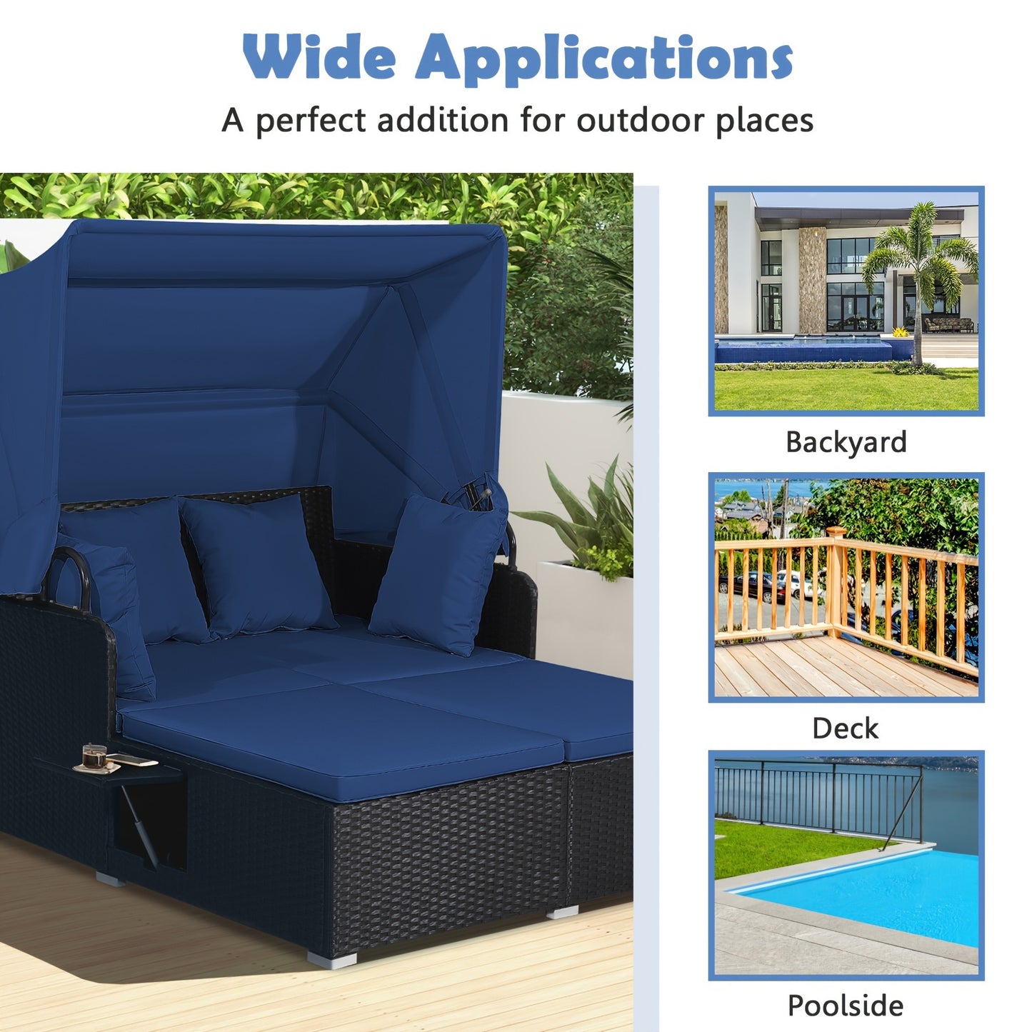 Contemporary Patio Daybed – PE Rattan Lounge with Retractable Canopy, Cushions & Side Tables