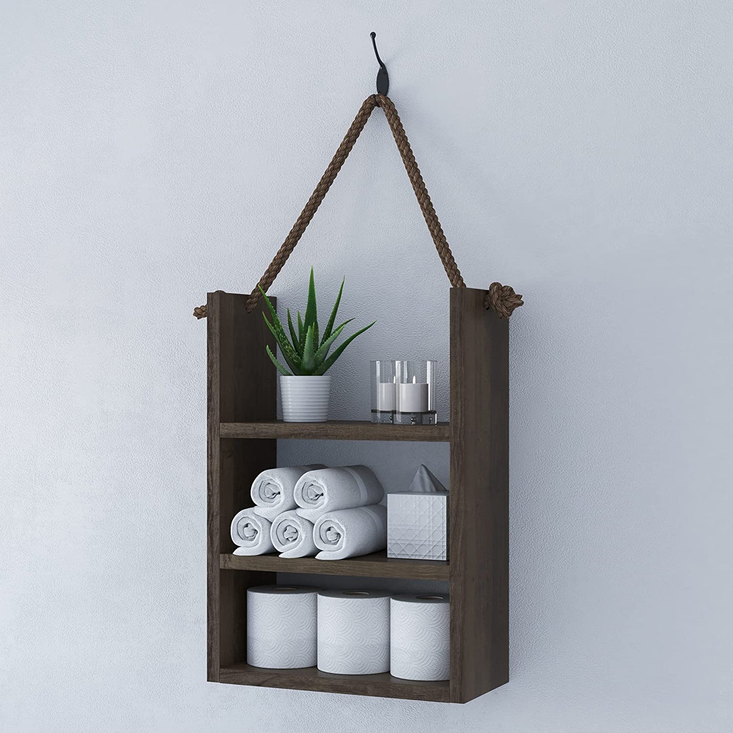 Rustic Wood Bathroom Shelf Over Toilet - Wall Mounted Ladder Style with Rope, Farmhouse Décor (Large) - Homeward Trends