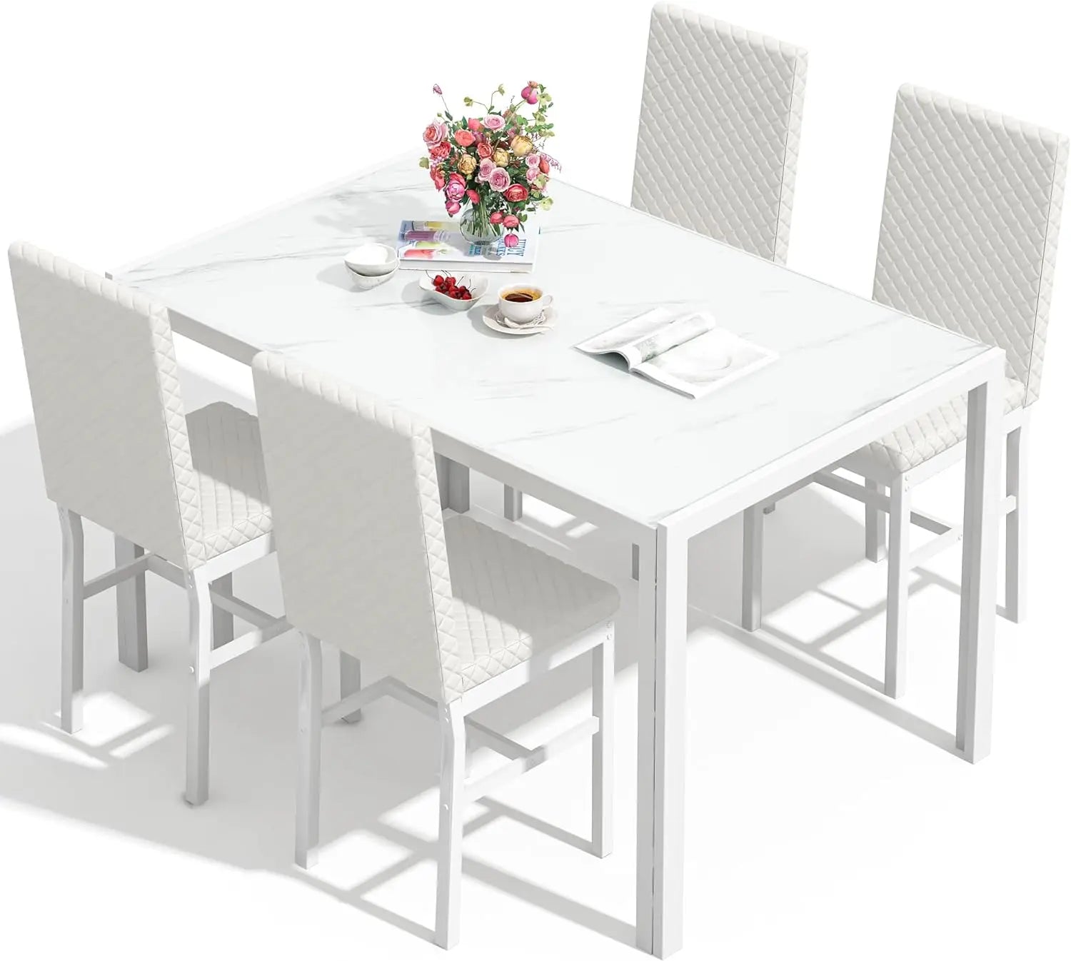 5-Piece Dining Room Table Set, Glass Kitchen Table with 4 PU Leather Chairs - Homeward Trends