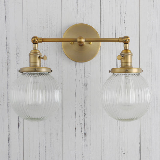 Vintage Double Head Wall Sconce – Globe Glass Shade, Retro Rustic Style with Switch