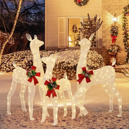 Christmas Reindeer Family Set - Indoor/Outdoor Deer Decor with LED Lights & Ground Stakes