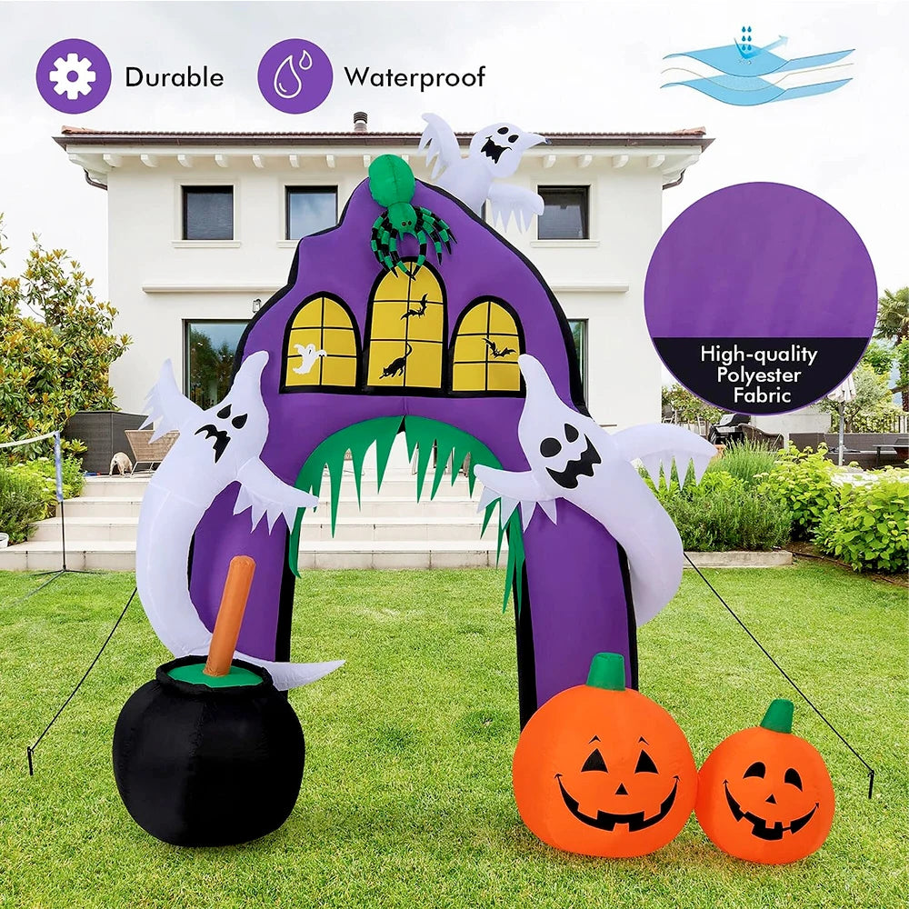 9FT Halloween Decoration Inflatable Castle Archway Blow Up Spider Ghosts Pumpkins Cauldron Built-in Lights for Outdoor Yard Lawn - Homeward Trends