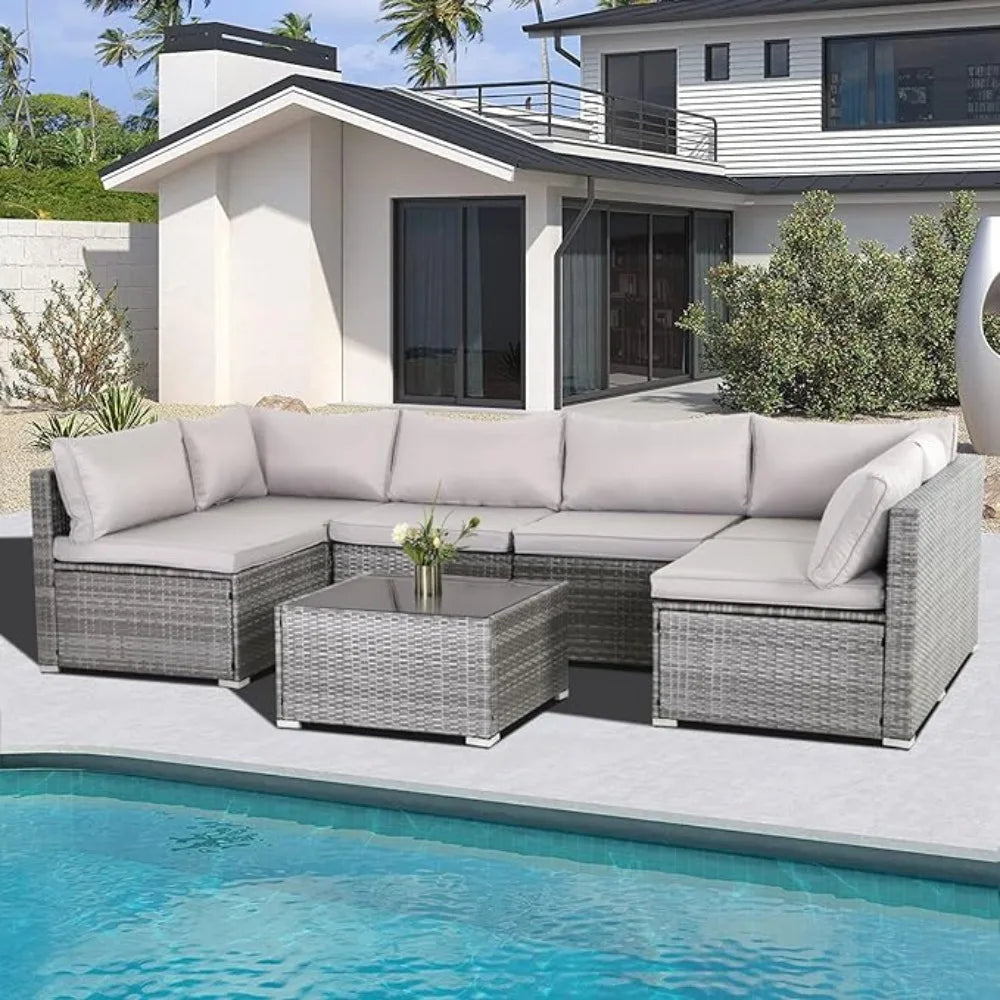 7 Pieces Patio Furniture Set, Modular Patio Set Wicker Outdoor Sectional Sofa Set PE Rattan Wicker Patio Conversation Set - Homeward Trends