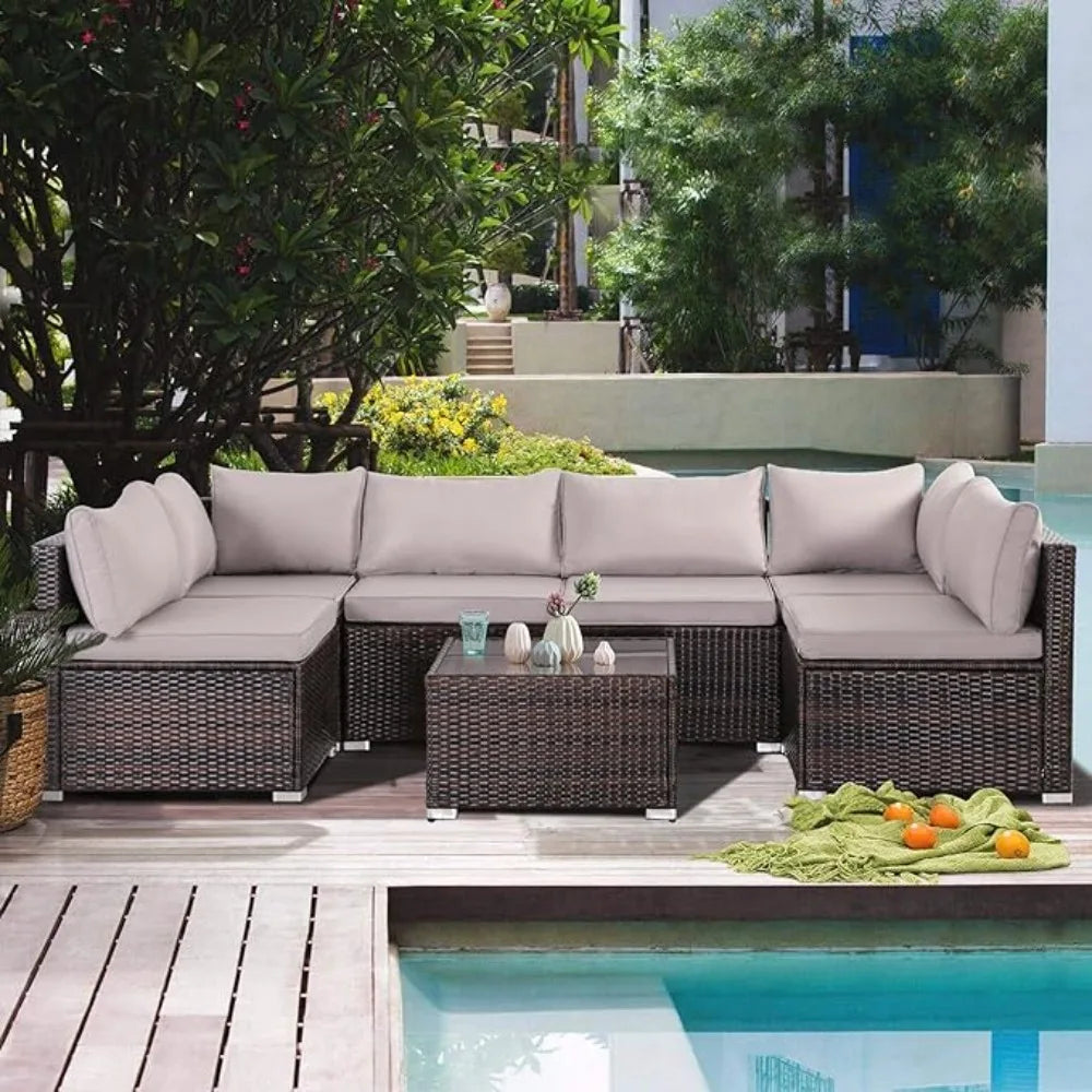 7 Pieces Patio Furniture Set, Modular Patio Set Wicker Outdoor Sectional Sofa Set PE Rattan Wicker Patio Conversation Set - Homeward Trends