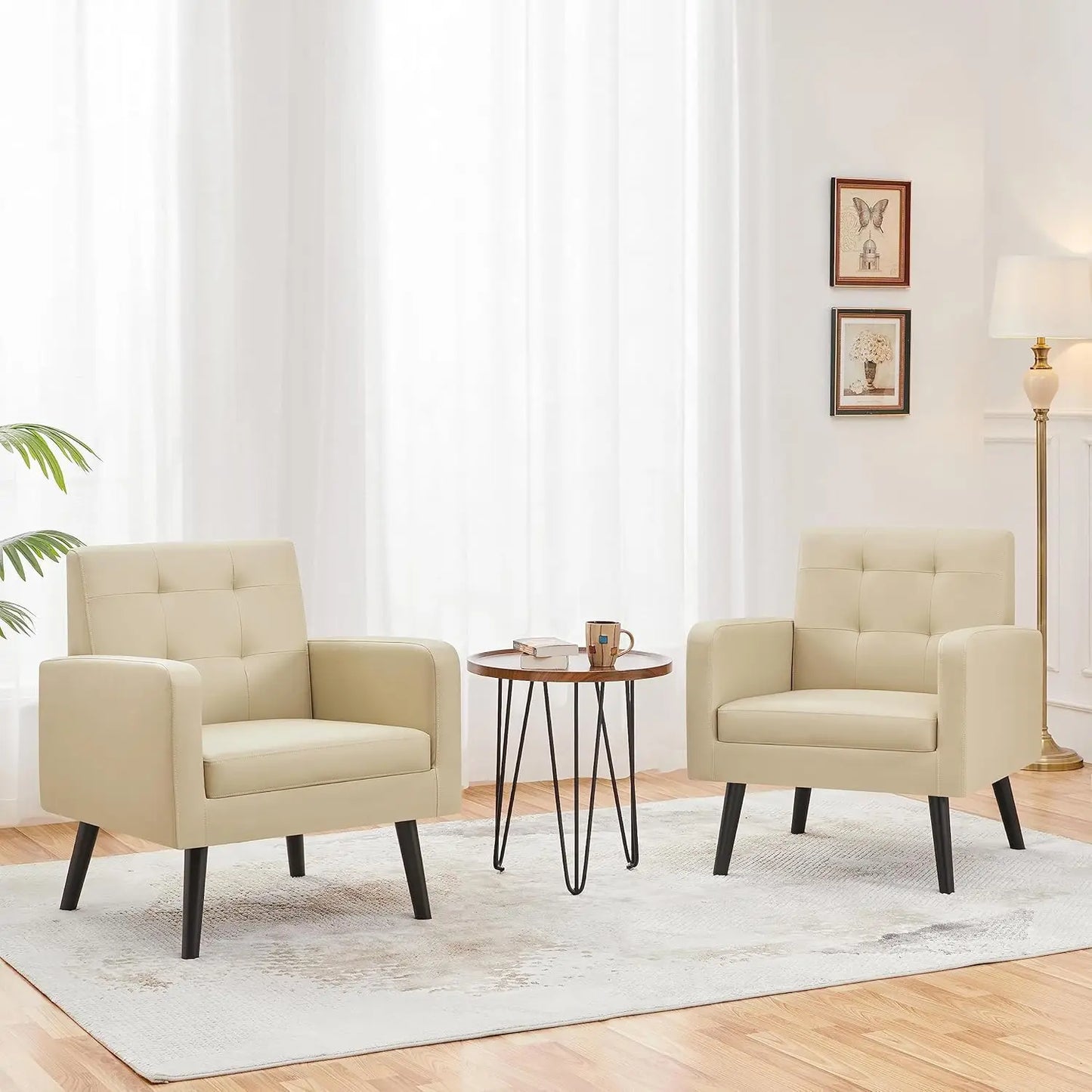 Mid-Century PU Leather Accent Chair - Modern Upholstered Armchair with Button Tufted Back & Wood Legs