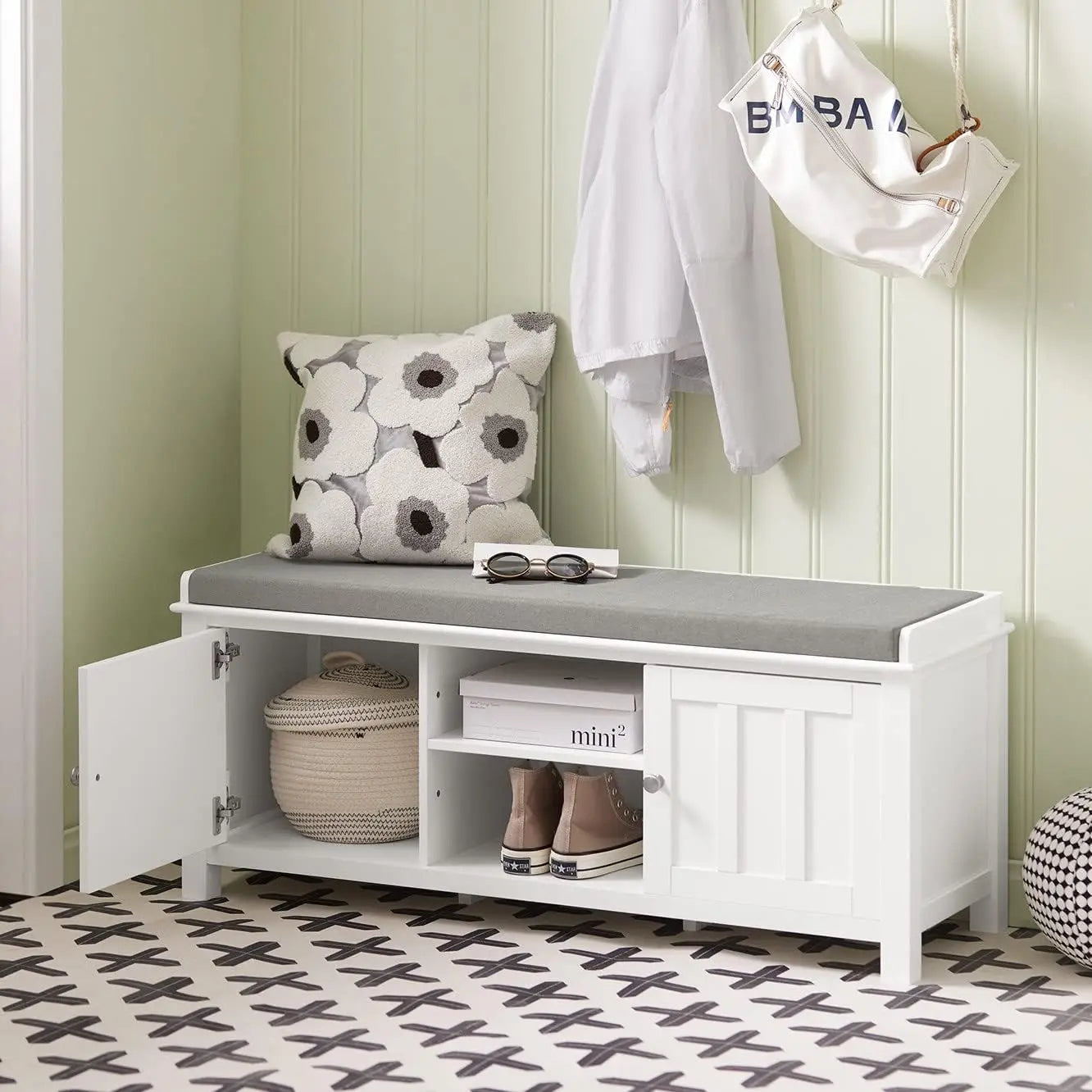 White Shoe Storage Bench with Cushion – Entryway, Window Seat, or Living Room Ottoman Bench