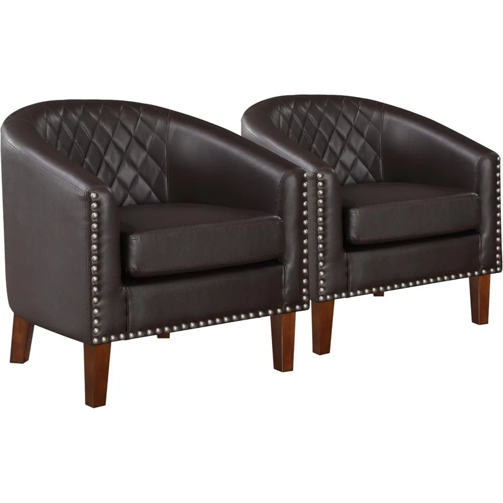 Set of 2 Comfy Faux Leather Barrel Accent Chairs - Club Chairs with Cushions & Diamond Grid Backrest