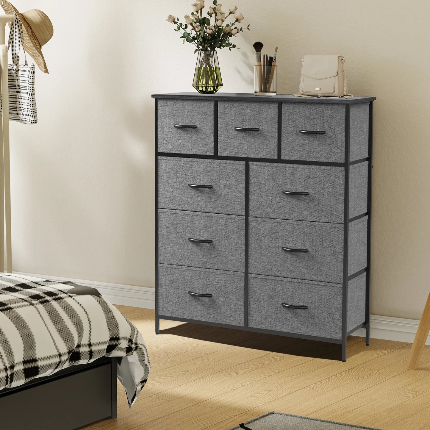 Dresser For Bedroom With 9 Fabric Storage Drawer Wardrobe Tall Chest Organizer Closet Adult Kids Clothes Wood Cabinet Furniture - Homeward Trends