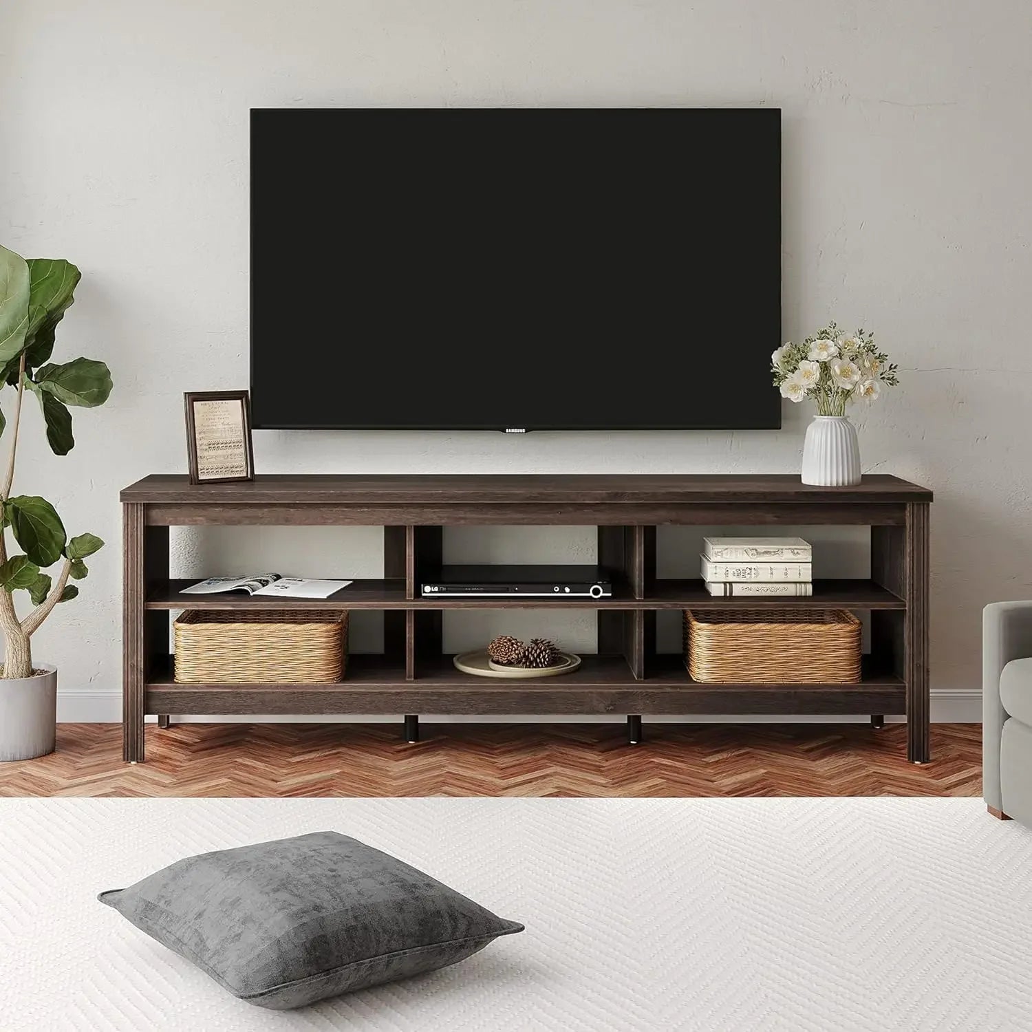 70" TV Stand for Living Room, Modern Wooden Entertainment Center w/ 6 Storage Cubby, Bedroom TV Stand - Homeward Trends